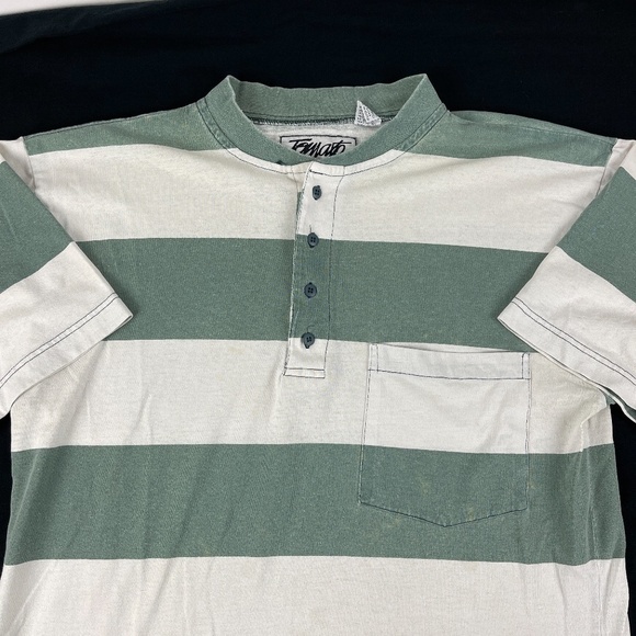 Tomato Mens Tshirt Striped Green White Button Med - Picture 4 of 8